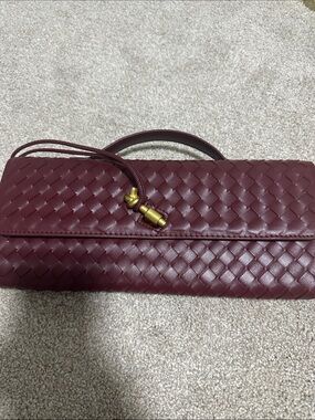 Woven Leather Burgundy Top-Handle Clutch